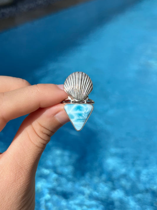 Larimar and Silver shell Ring 9-10 | LARR3