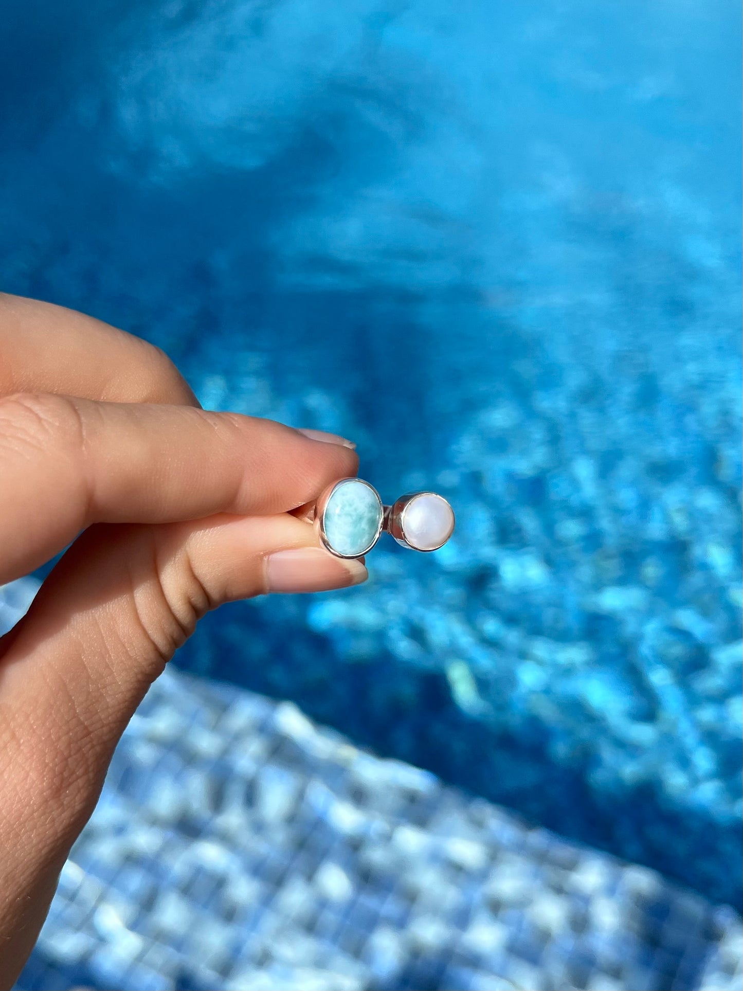 Larimar and Freshwater Pearl Ring 9-10 | LARR2