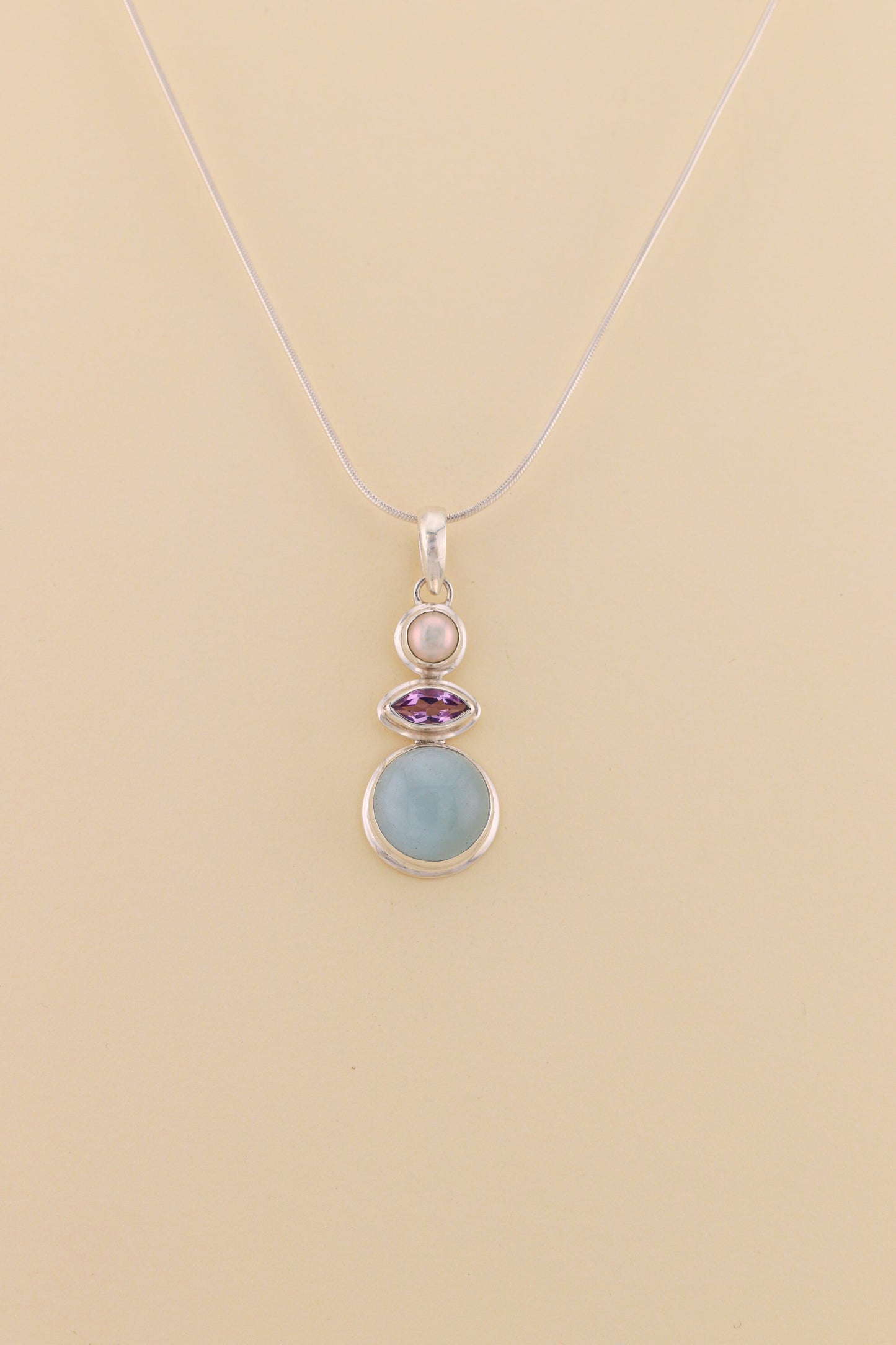 Aquamarine, Amethyst and Fresh water Pearl Pendant | AQPM4
