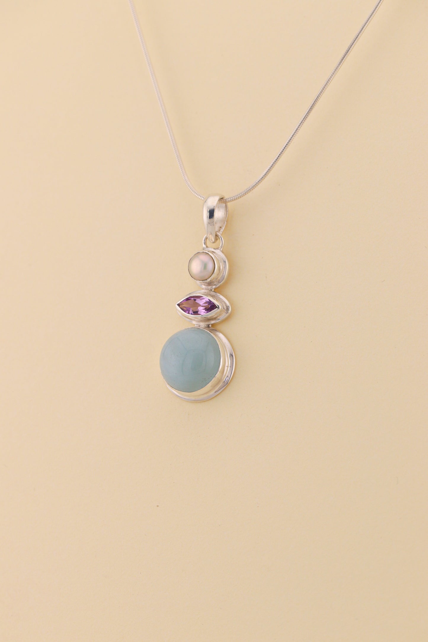 Aquamarine, Amethyst and Fresh water Pearl Pendant | AQPM4