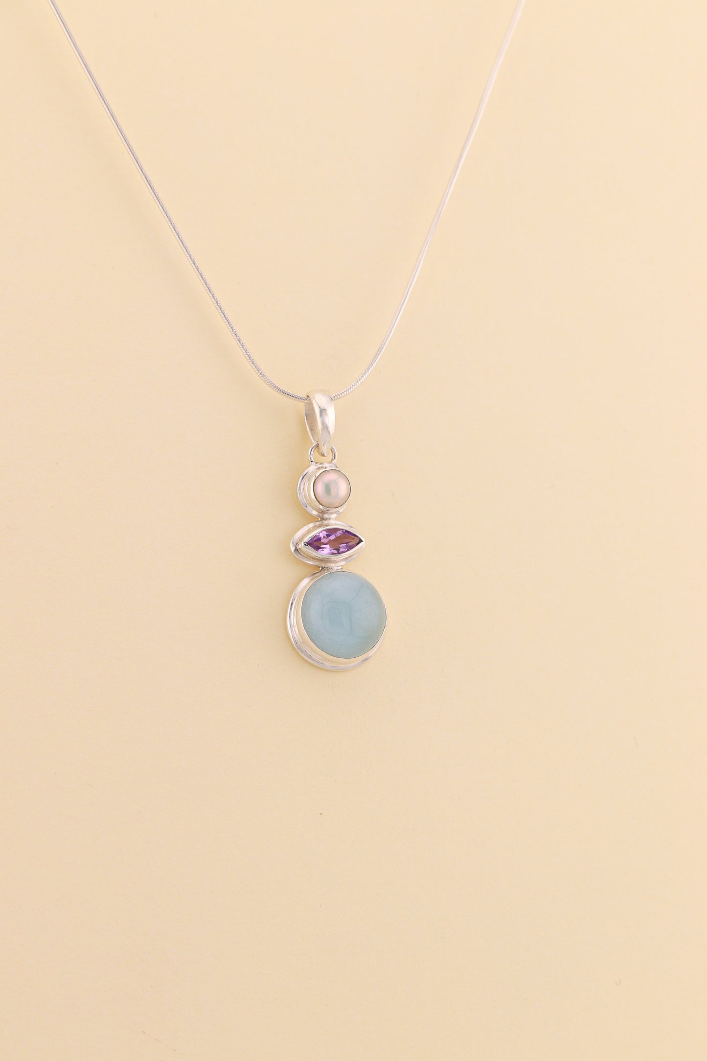 Aquamarine, Amethyst and Fresh water Pearl Pendant | AQPM4