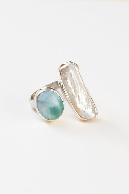 Larimar and Fresh Water Baroque Pearl Ring