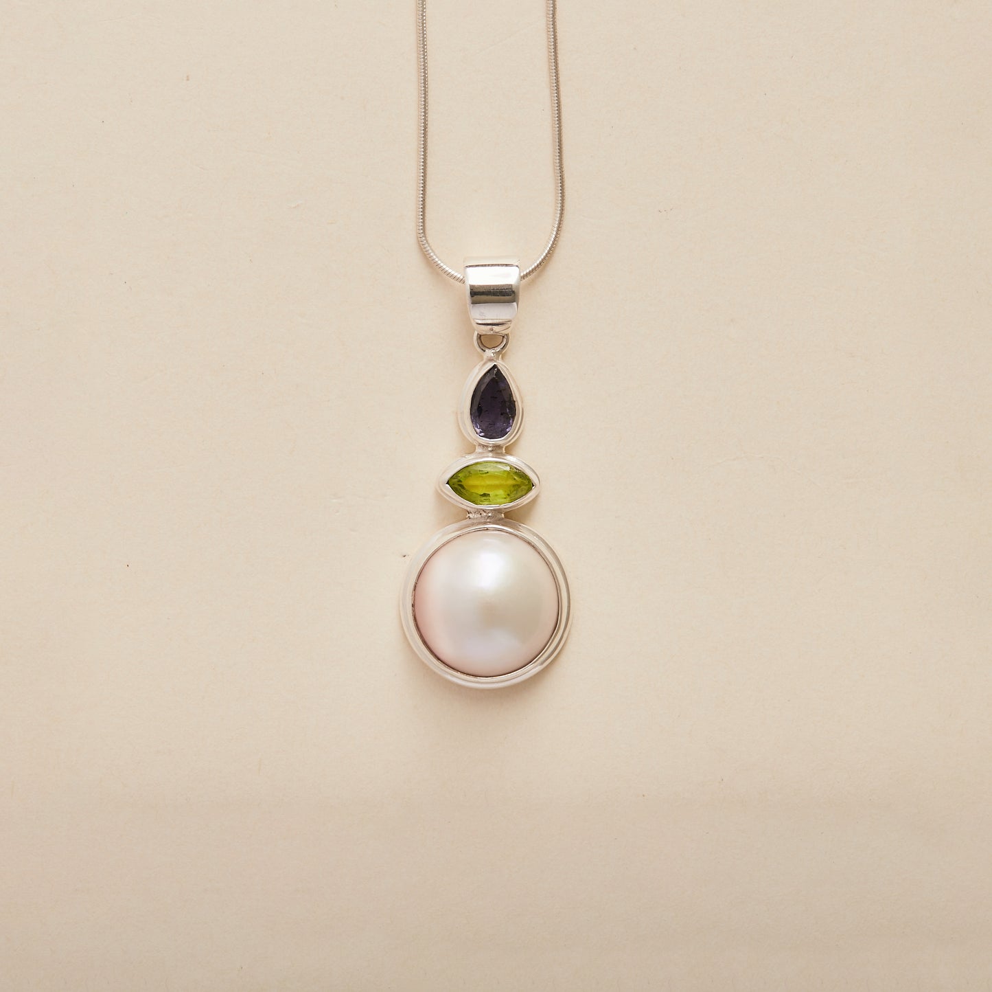 Fresh water Mabe Pearl with Peridot and Iolite Pendant