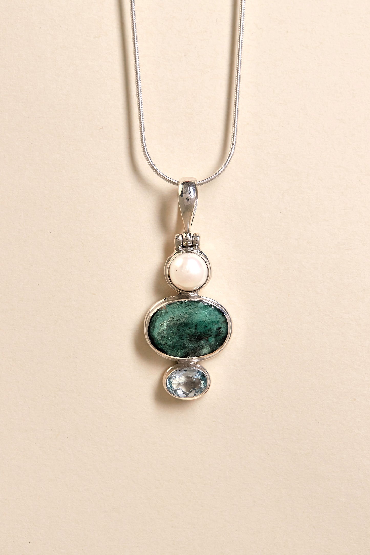 Emerald Blue Topaz and Fresh water Pearl Pendant