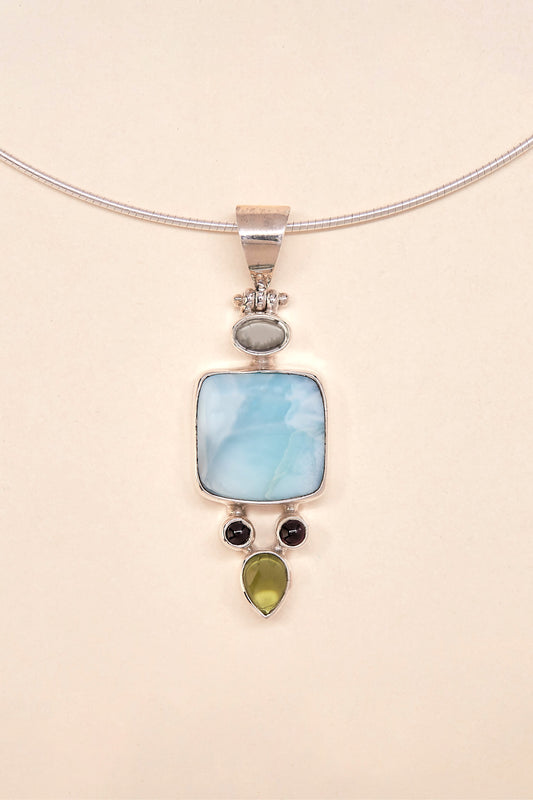 Larimar Blue Topaz Peridot and Garnet Pendant