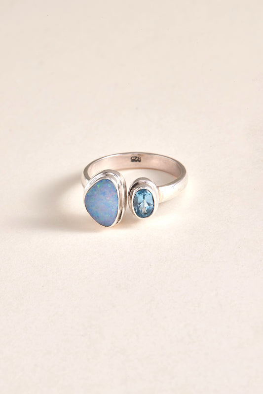 Australian Opal and Blue Topaz Ring (size 6.5)