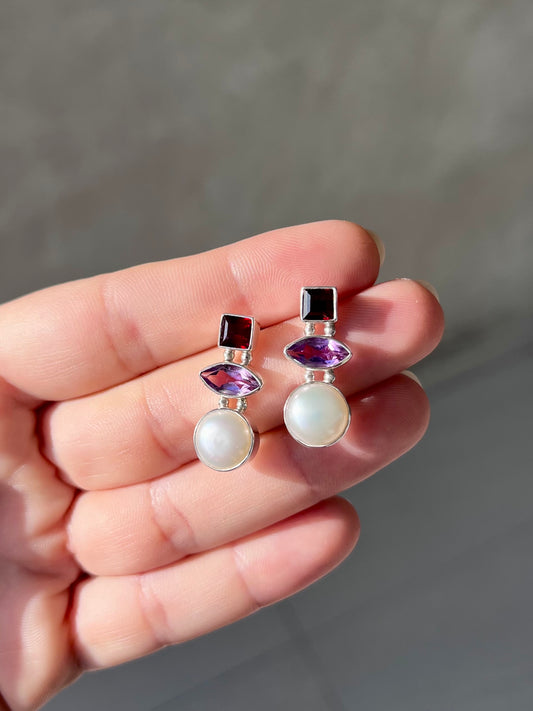 Freshwater Pearl, Garnet and Amethyst Stud Earrings