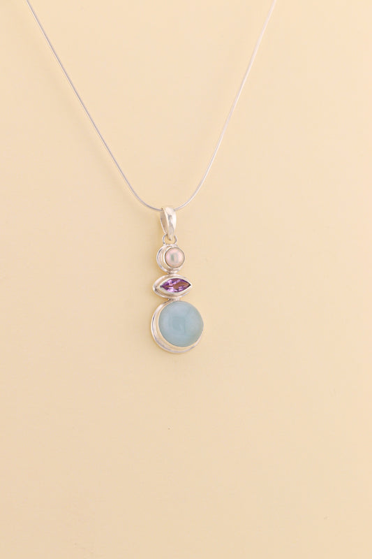 Aquamarine, Amethyst and Fresh water Pearl Pendant | AQPM4