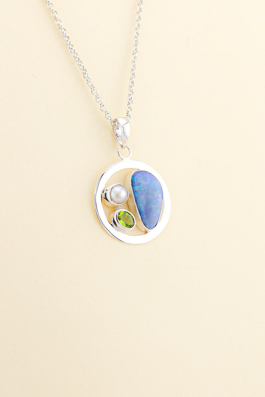 Australian Opal, Peridot and Freshwater Pearl Pendant | OPLM9